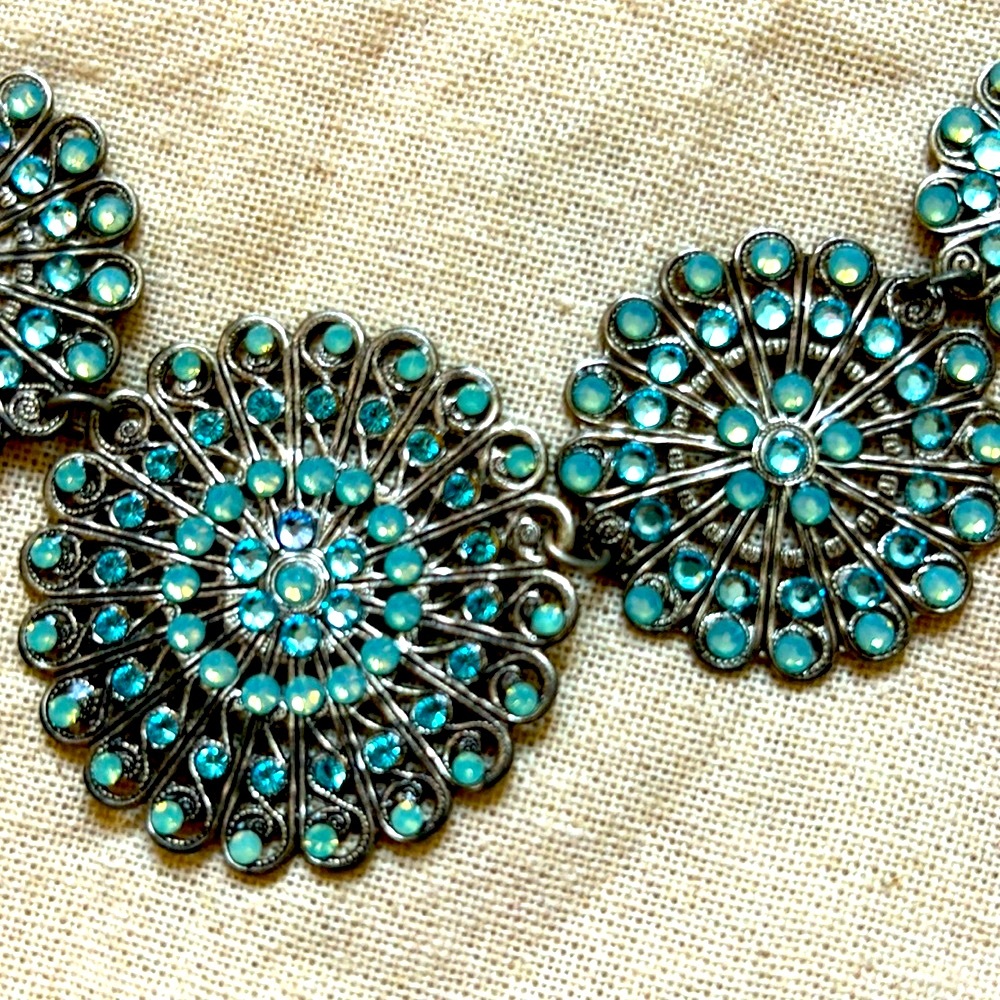 Yoni Z Crystal Medallion Necklace Frosty Baby Blue Filigree Statement
